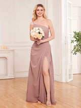 Graceful One Shoulder Slit Chiffon Floor Length Bridesmaid Dresses