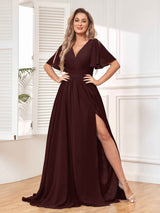 Graceful Short Sleeves Pleated Chiffon Bridesmaid Dresses With Pockets