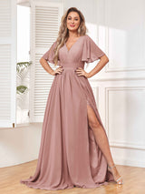 Graceful Short Sleeves Pleated Chiffon Bridesmaid Dresses With Pockets