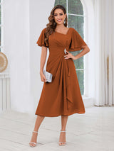 Free Shipping Graceful Short Sleeves Ruched Beading Chiffon Midi Mother Of The Bride Dresses