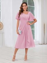 Free Shipping Graceful Short Sleeves Ruched Beading Chiffon Midi Mother Of The Bride Dresses