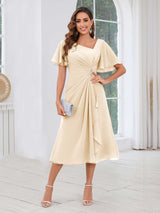 Free Shipping Graceful Short Sleeves Ruched Beading Chiffon Midi Mother Of The Bride Dresses