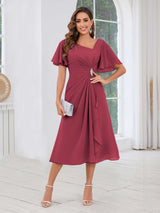 Free Shipping Graceful Short Sleeves Ruched Beading Chiffon Midi Mother Of The Bride Dresses