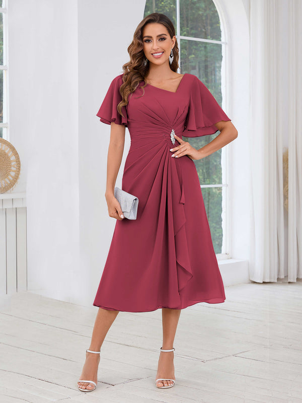 Cinnamon Rose Free Shipping Graceful Short Sleeves Ruched Beading Chiffon Midi Mother Of The Bride Dresses