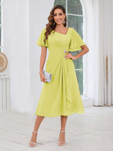 Free Shipping Graceful Short Sleeves Ruched Beading Chiffon Midi Mother Of The Bride Dresses