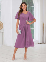 Free Shipping Graceful Short Sleeves Ruched Beading Chiffon Midi Mother Of The Bride Dresses