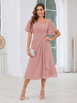 Free Shipping Graceful Short Sleeves Ruched Beading Chiffon Midi Mother Of The Bride Dresses