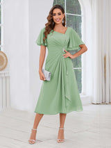 Free Shipping Graceful Short Sleeves Ruched Beading Chiffon Midi Mother Of The Bride Dresses
