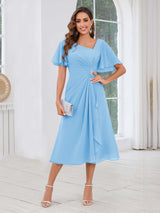 Free Shipping Graceful Short Sleeves Ruched Beading Chiffon Midi Mother Of The Bride Dresses