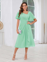 Free Shipping Graceful Short Sleeves Ruched Beading Chiffon Midi Mother Of The Bride Dresses