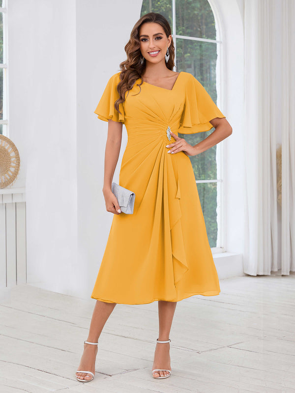 Mustard Free Shipping Graceful Short Sleeves Ruched Beading Chiffon Midi Mother Of The Bride Dresses