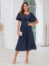 Free Shipping Graceful Short Sleeves Ruched Beading Chiffon Midi Mother Of The Bride Dresses