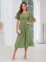 Free Shipping Graceful Short Sleeves Ruched Beading Chiffon Midi Mother Of The Bride Dresses