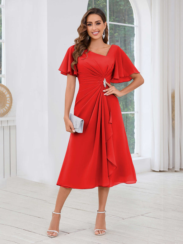 Red Free Shipping Graceful Short Sleeves Ruched Beading Chiffon Midi Mother Of The Bride Dresses