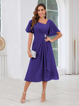 Free Shipping Graceful Short Sleeves Ruched Beading Chiffon Midi Mother Of The Bride Dresses