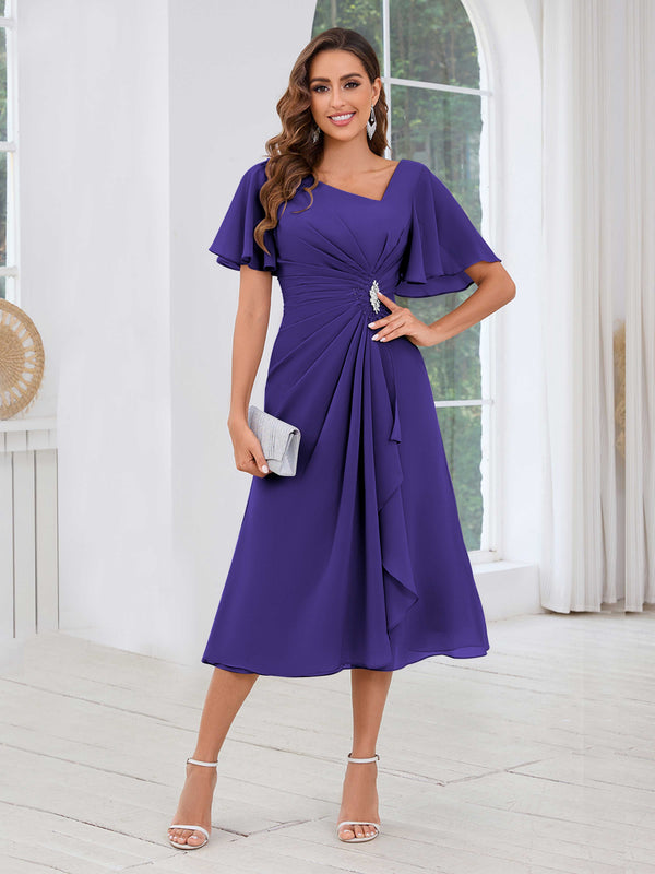 Regency Free Shipping Graceful Short Sleeves Ruched Beading Chiffon Midi Mother Of The Bride Dresses