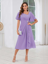 Free Shipping Graceful Short Sleeves Ruched Beading Chiffon Midi Mother Of The Bride Dresses
