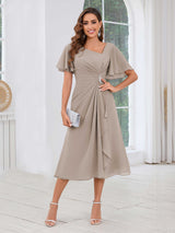 Free Shipping Graceful Short Sleeves Ruched Beading Chiffon Midi Mother Of The Bride Dresses