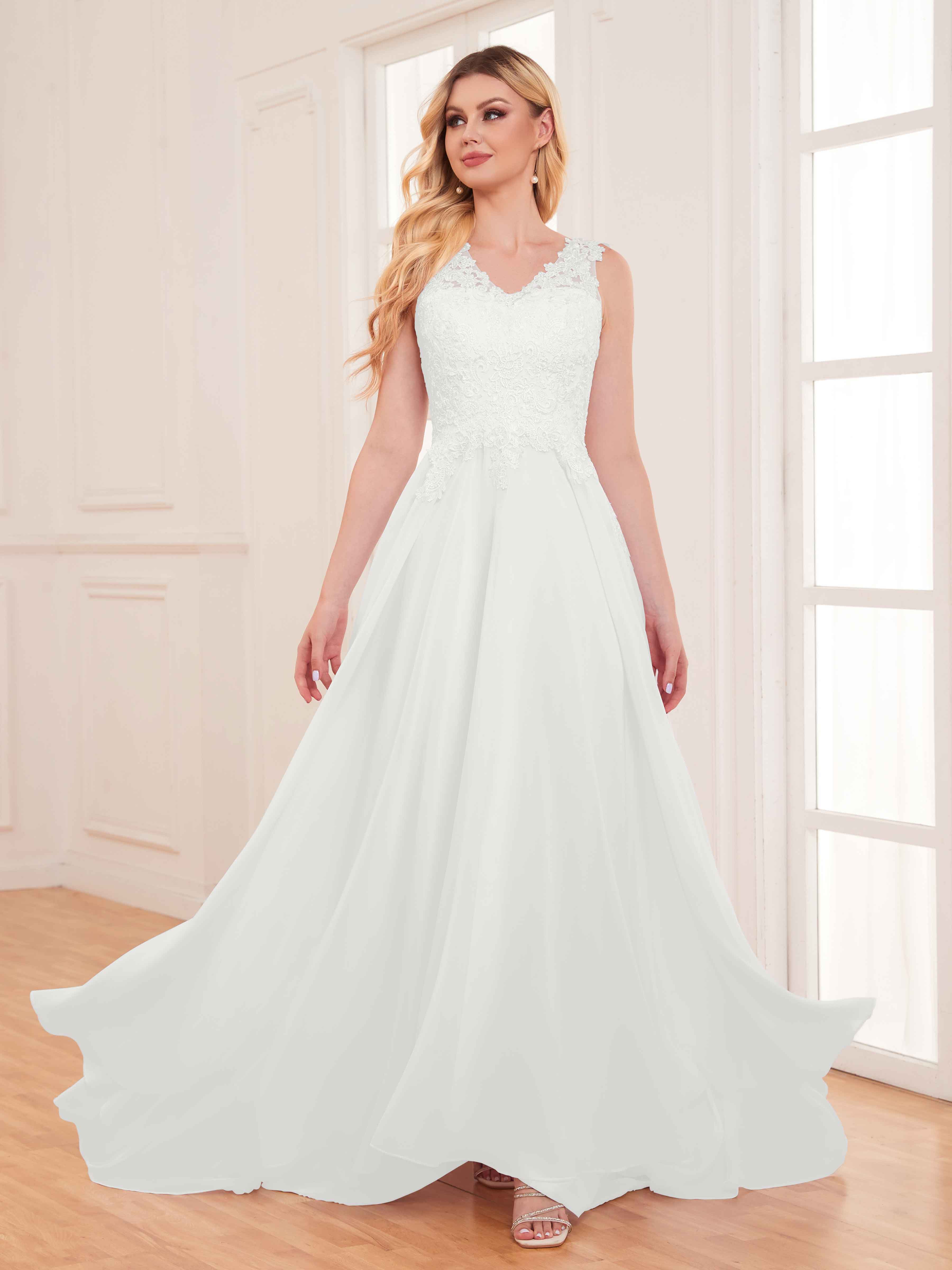 Graceful Sleeveless V-Neck Appliques Chiffon Lace Wedding Dresses