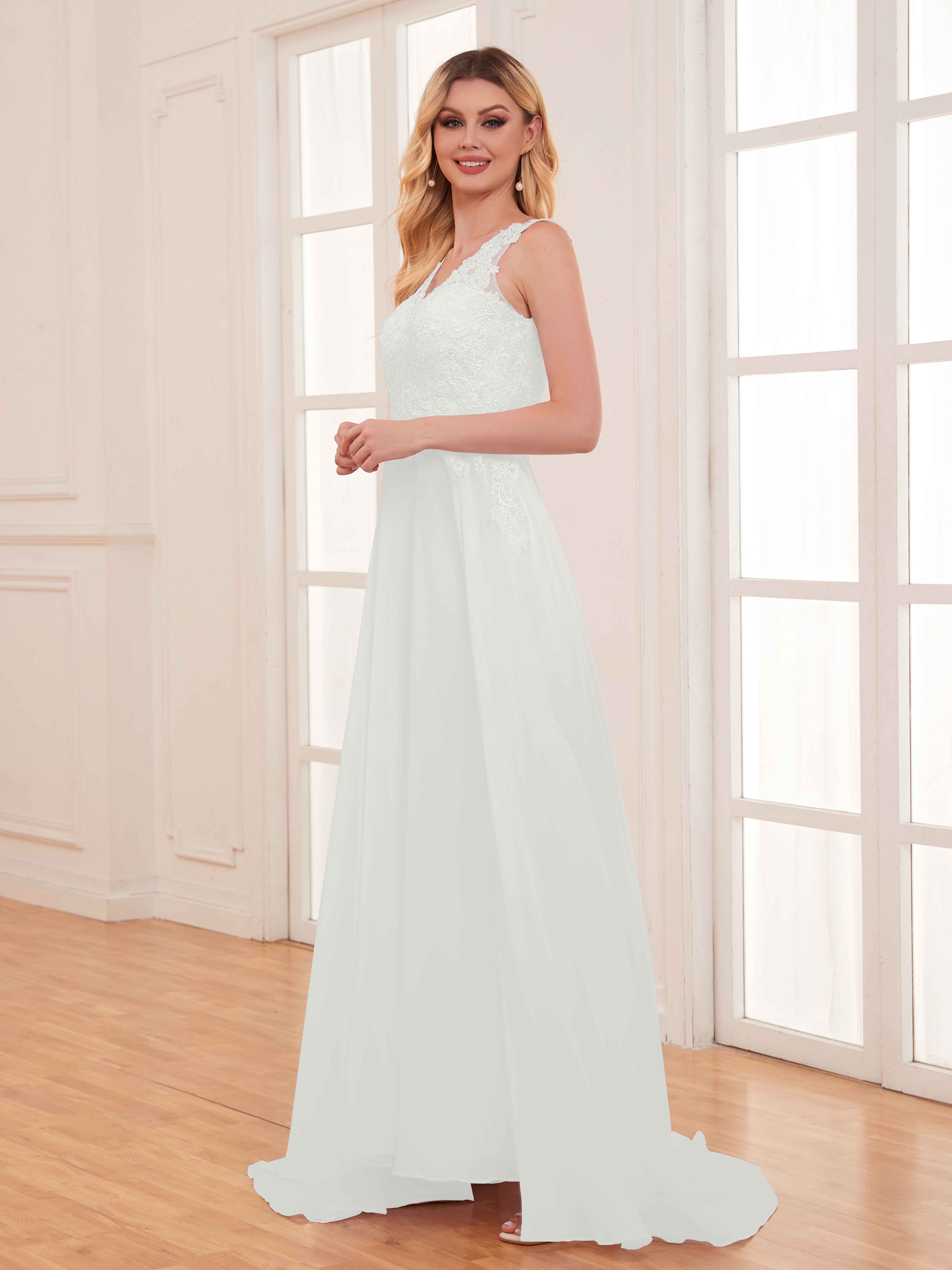 Graceful Sleeveless V-Neck Appliques Chiffon Lace Wedding Dresses