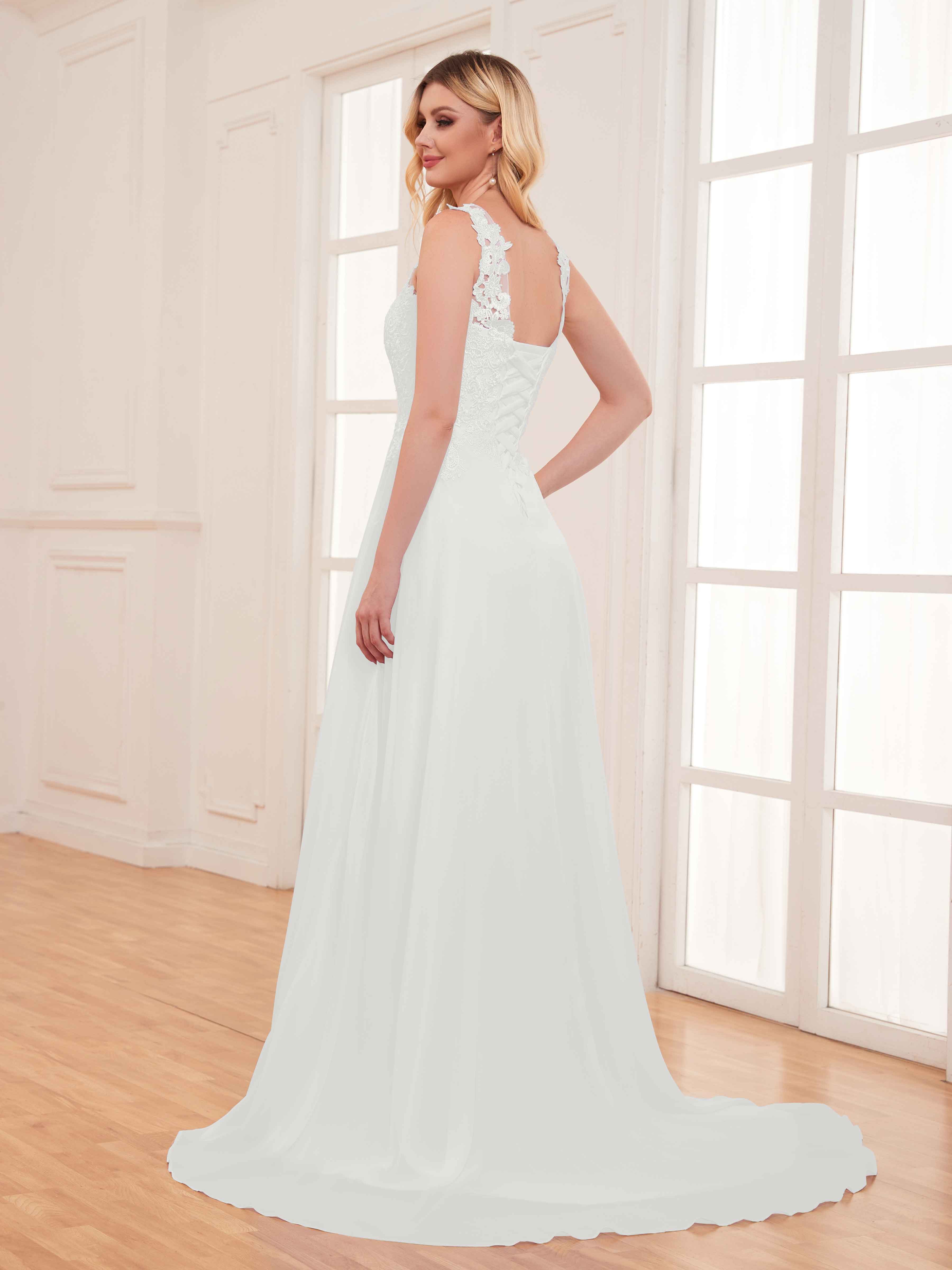 Graceful Sleeveless V-Neck Appliques Chiffon Lace Wedding Dresses