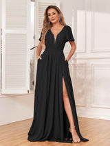 Graceful V-Neck Cap Sleeves Slit Long Chiffon Bridesmaid Dresses