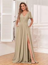 Graceful V-Neck Cap Sleeves Slit Long Chiffon Bridesmaid Dresses