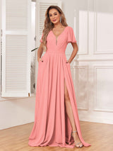 Graceful V-Neck Cap Sleeves Slit Long Chiffon Bridesmaid Dresses