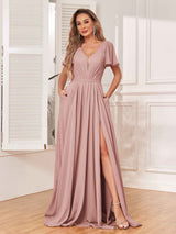 Graceful V-Neck Cap Sleeves Slit Long Chiffon Bridesmaid Dresses