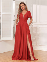 Graceful V-Neck Cap Sleeves Slit Long Chiffon Bridesmaid Dresses