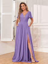 Graceful V-Neck Cap Sleeves Slit Long Chiffon Bridesmaid Dresses
