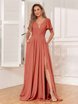 Graceful V-Neck Cap Sleeves Slit Long Chiffon Bridesmaid Dresses