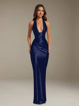 Free Shipping Halter Neck Prom Dress Floor Length Sheath with Pleated Detail