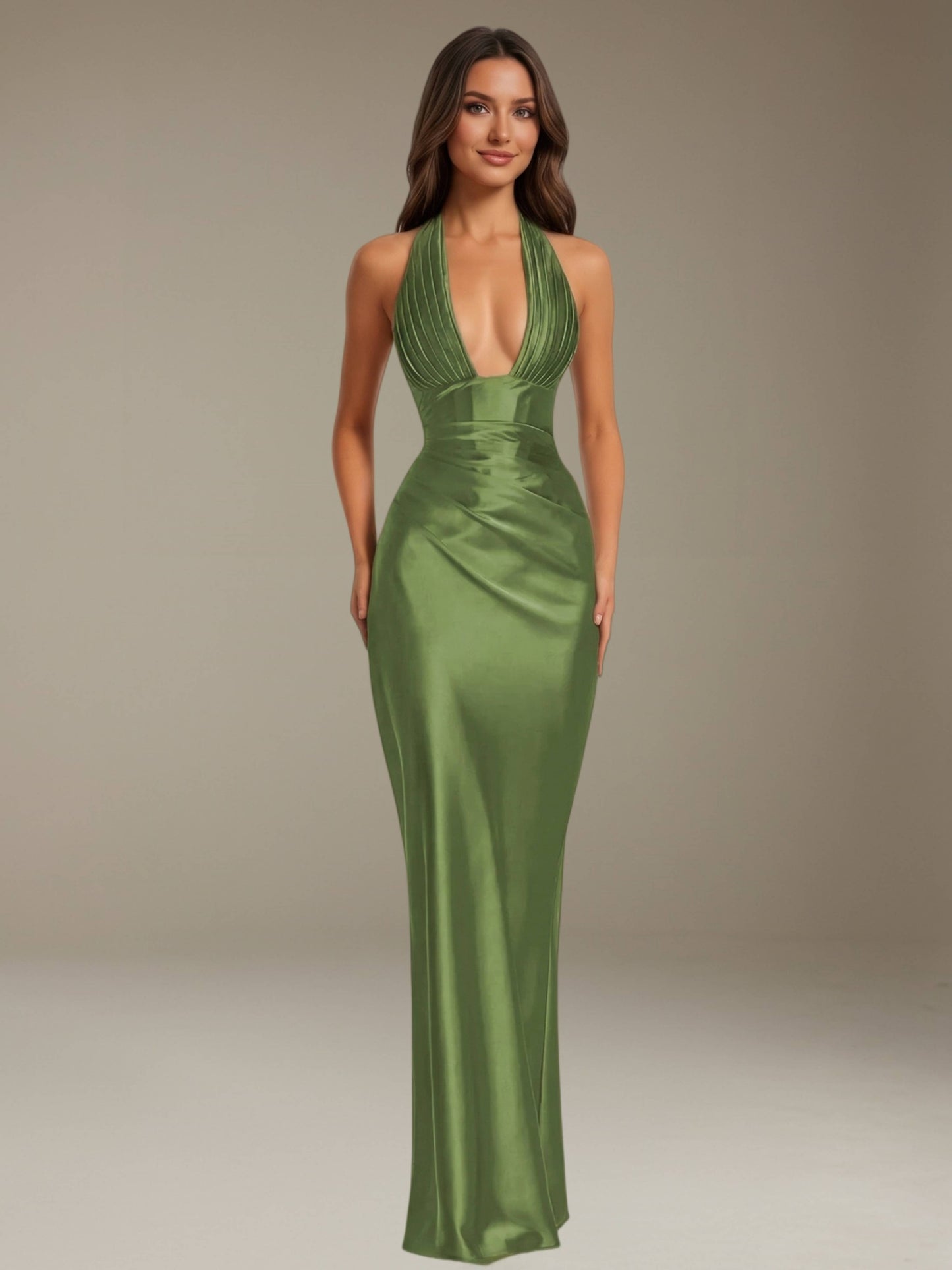 Free Shipping Halter Neck Prom Dress Floor Length Sheath with Pleated Detail