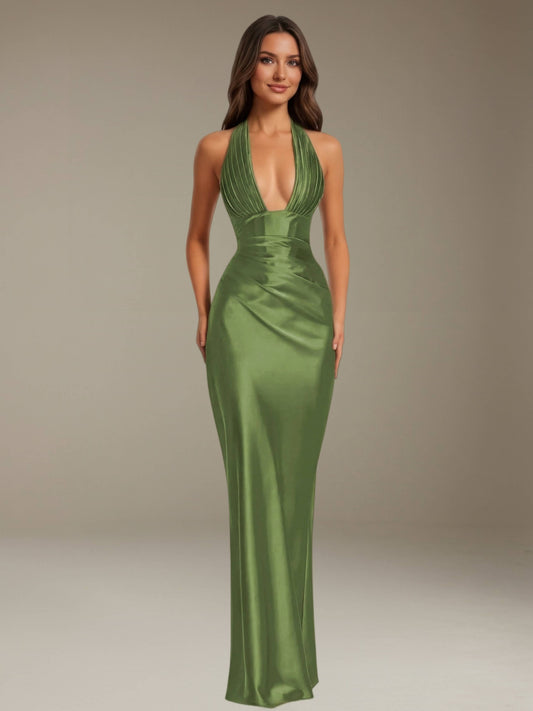 Free Shipping Halter Neck Prom Dress Floor Length Sheath with Pleated Detail