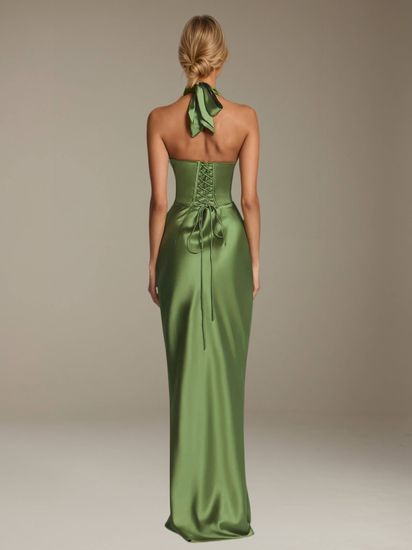 Free Shipping Halter Neck Prom Dress Floor Length Sheath with Pleated Detail