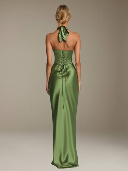 Free Shipping Halter Neck Prom Dress Floor Length Sheath with Pleated Detail