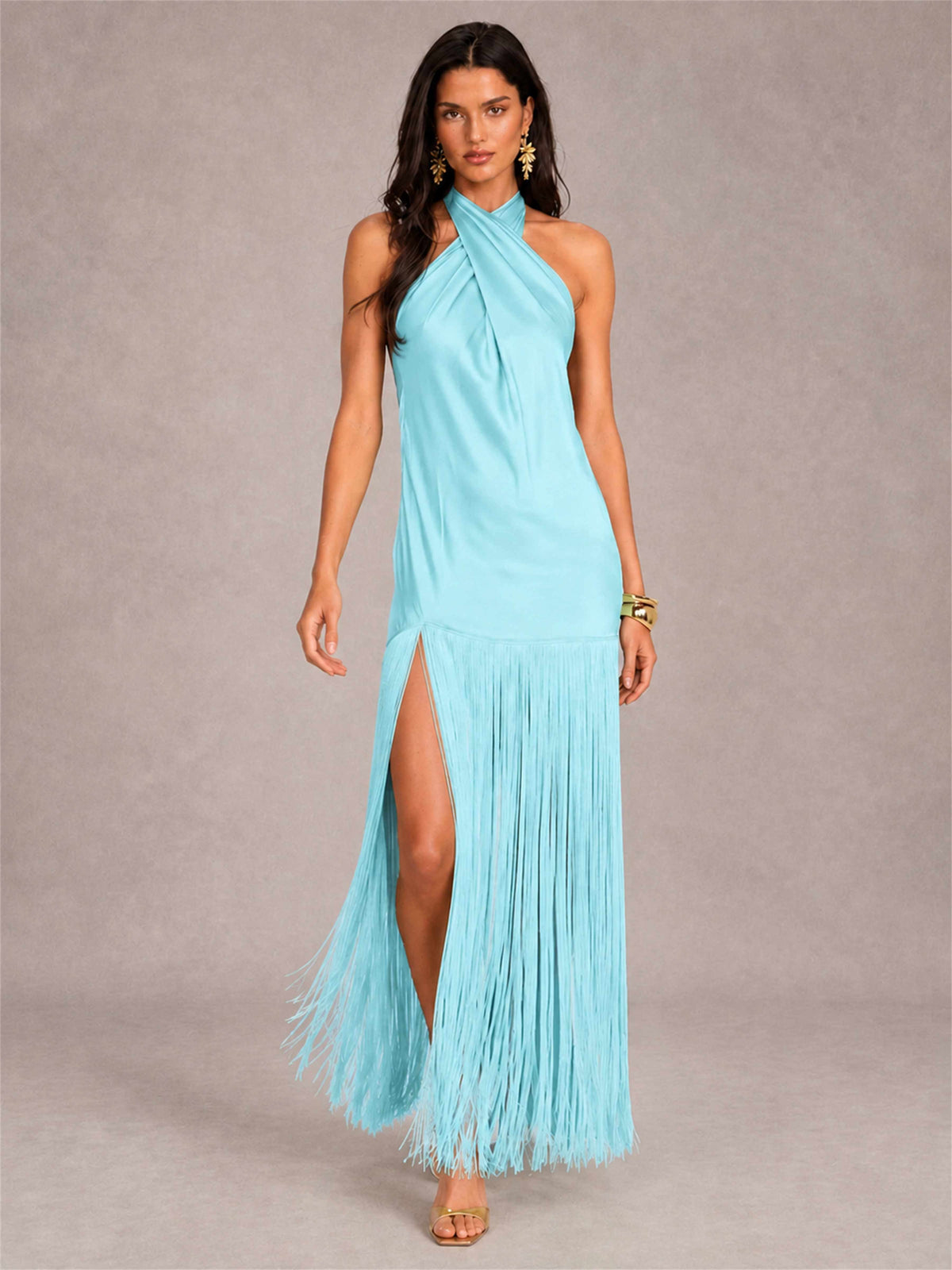 Halter Neck Sheath Sleeveless Satin Wedding Guest Dress with Fringe