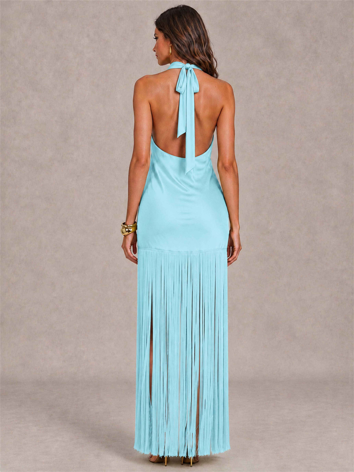 Halter Neck Sheath Sleeveless Satin Wedding Guest Dress with Fringe
