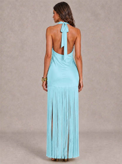 Halter Neck Sheath Sleeveless Satin Wedding Guest Dress with Fringe