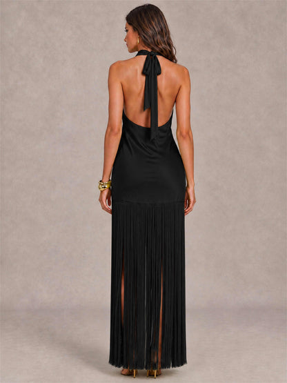 Halter Neck Sheath Sleeveless Satin Wedding Guest Dress with Fringe