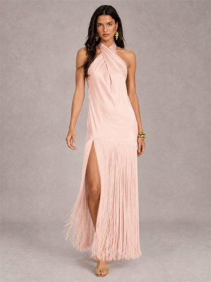 Halter Neck Sheath Sleeveless Satin Wedding Guest Dress with Fringe