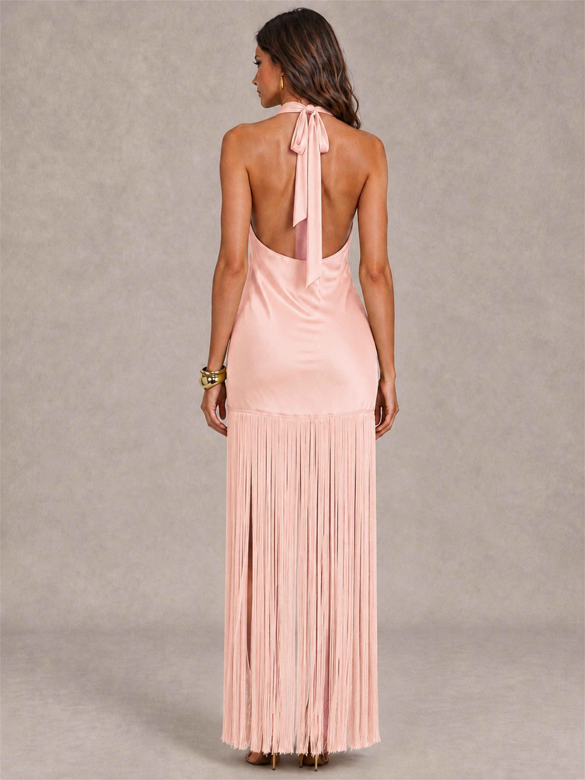 Halter Neck Sheath Sleeveless Satin Wedding Guest Dress with Fringe