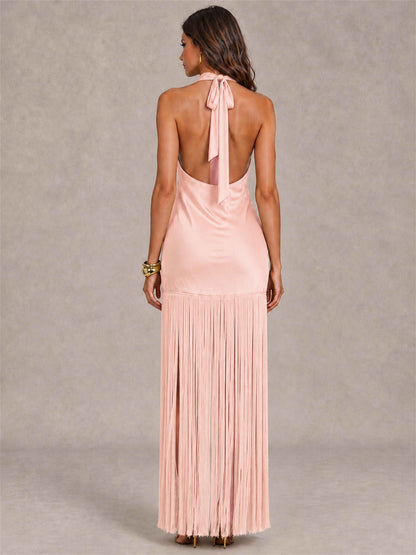 Halter Neck Sheath Sleeveless Satin Wedding Guest Dress with Fringe