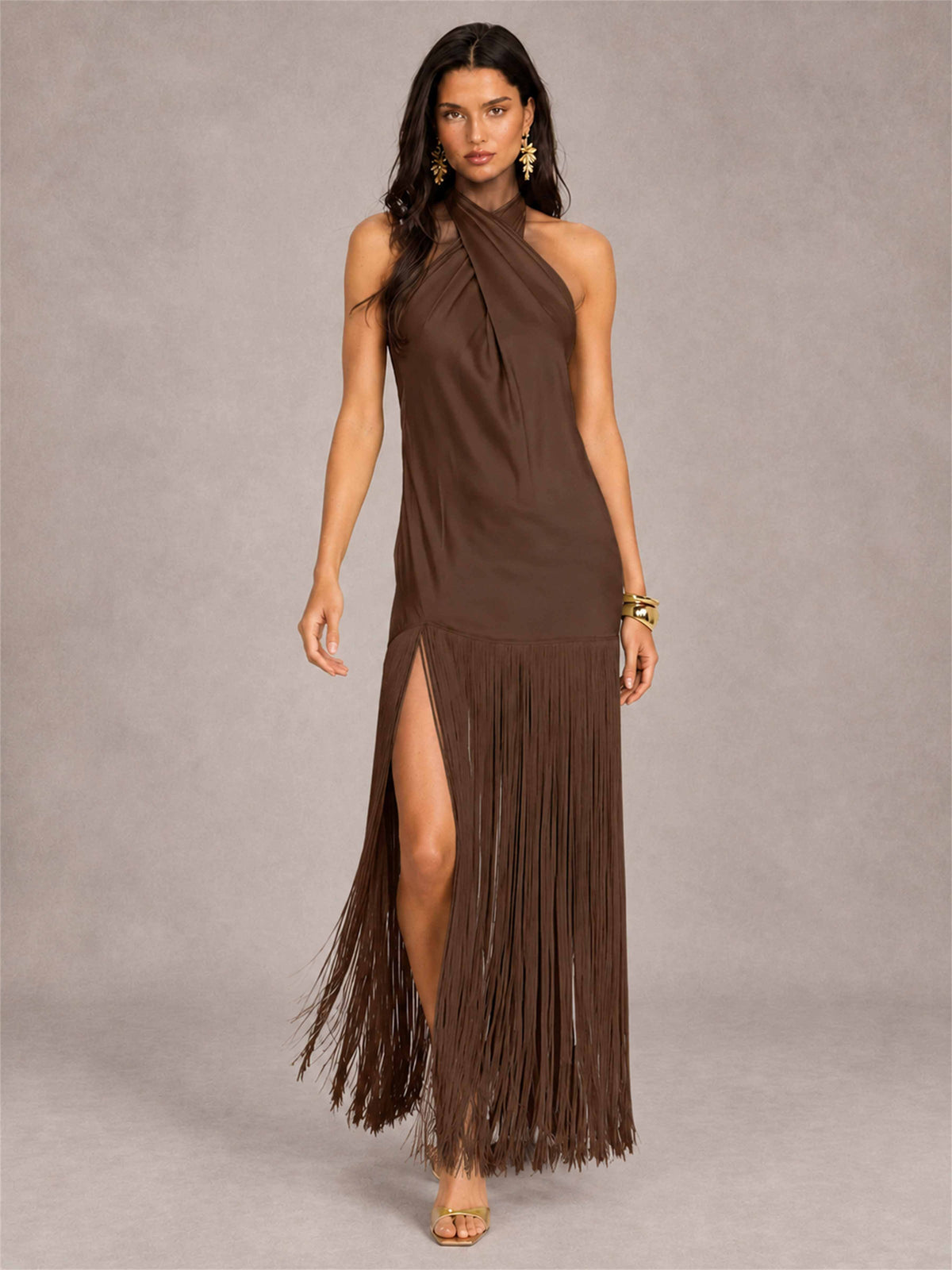 Halter Neck Sheath Sleeveless Satin Wedding Guest Dress with Fringe