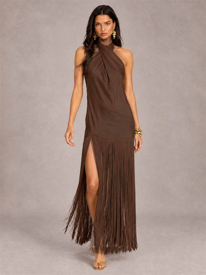 Halter Neck Sheath Sleeveless Satin Wedding Guest Dress with Fringe