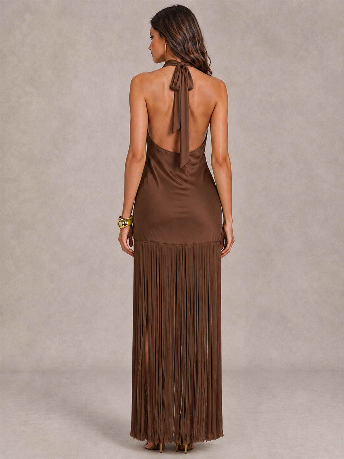 Halter Neck Sheath Sleeveless Satin Wedding Guest Dress with Fringe
