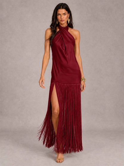 Halter Neck Sheath Sleeveless Satin Wedding Guest Dress with Fringe