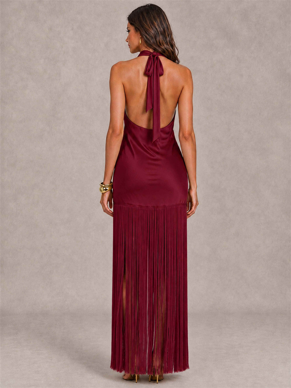 Halter Neck Sheath Sleeveless Satin Wedding Guest Dress with Fringe