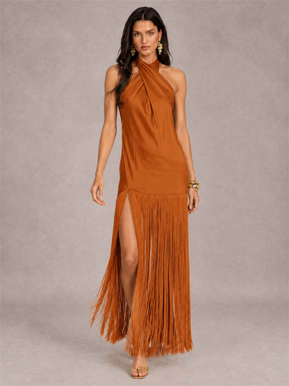 Halter Neck Sheath Sleeveless Satin Wedding Guest Dress with Fringe